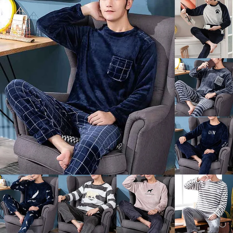 best mens pajamas 2021 Winter Long Sleeve Thick Warm Flannel Pajama Sets for Men Coral Velvet Sleepwear Suit Pyjamas Lounge Homewear Home Clothes mens brushed cotton pyjamas