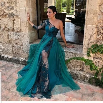 

Arabic Women Stylish Long Evening Dress 2019 One Shoulder Lace Tulle Sheer lady Formal Prom Gowns