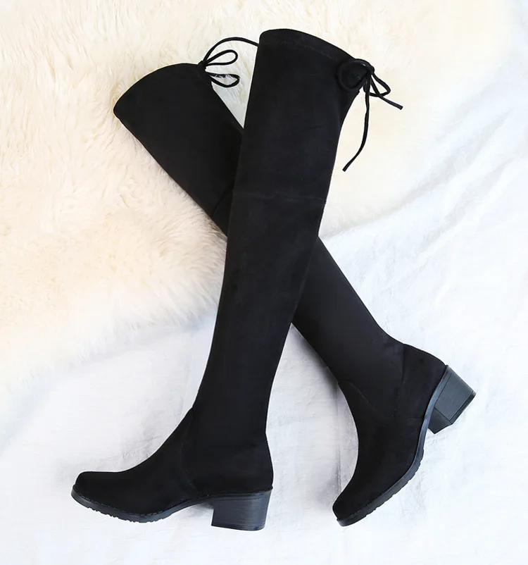 Winter Stretch boots woman plush over knee botte mid-thick high heel ladies fur shoes warm suede leather long thigh high botines