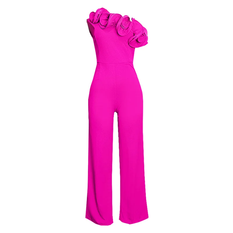 Women Lotus Leaf Beveled Bodysuit Nightclub Ladies Party Rompers Fashionable Sexy Sleeveless High-waisted Straight Long Jumpsuit