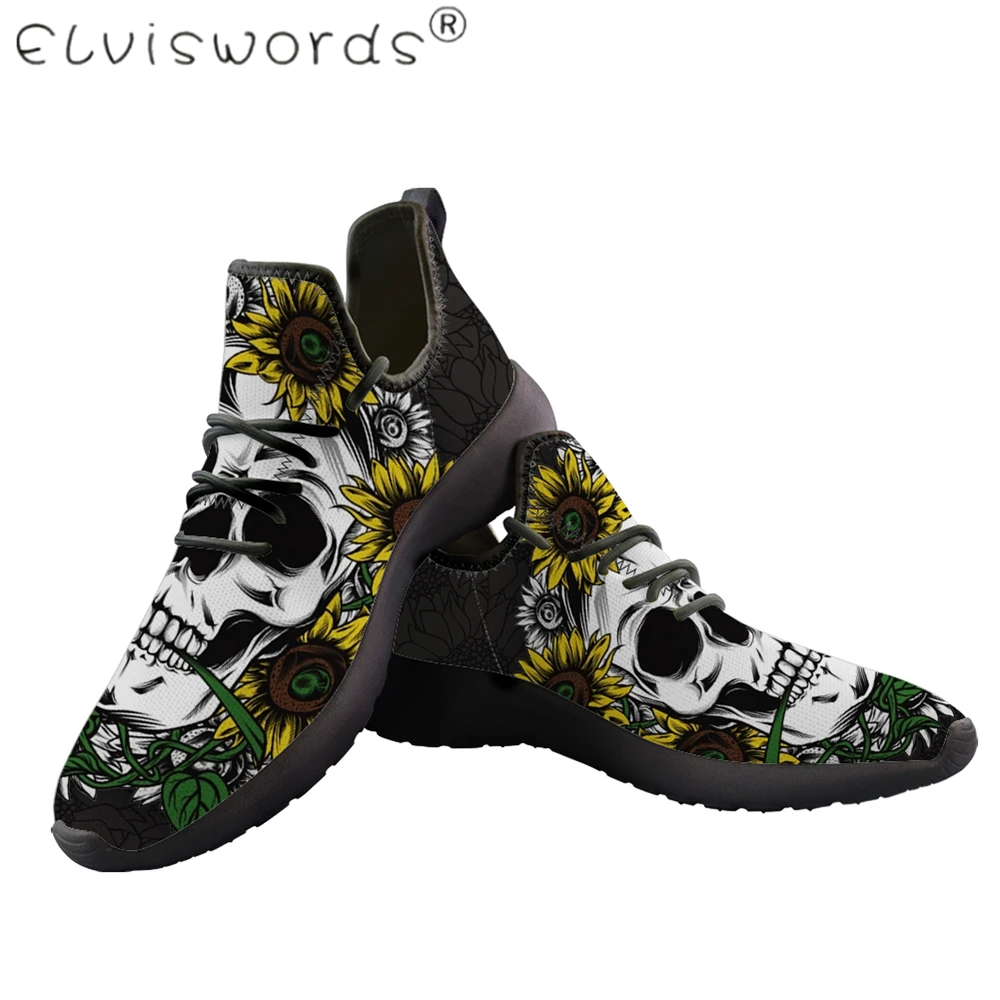 ELVISWORDS/Новинка Сетчатая обувь с принтом в виде подсолнуха и черепа Обувь для