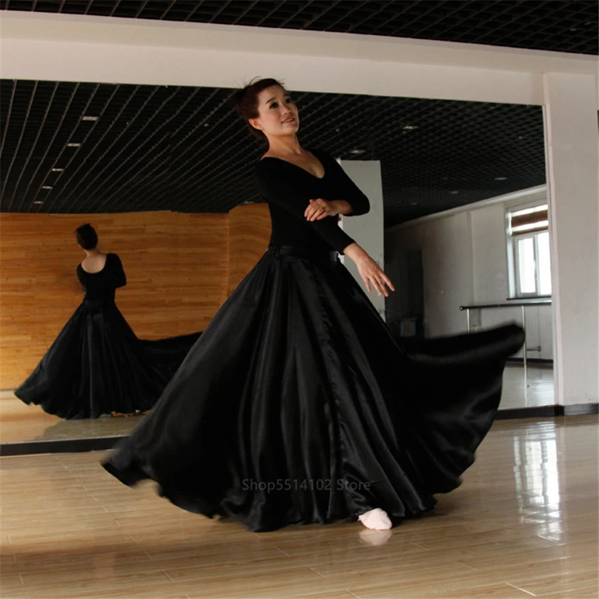 Костюм для испанского фламенко; платье для женщин и девочек; Gyspy; одежда для бальных танцев; одежда для выступлений; цельнокроеная Однотонная юбка - Цвет: Black