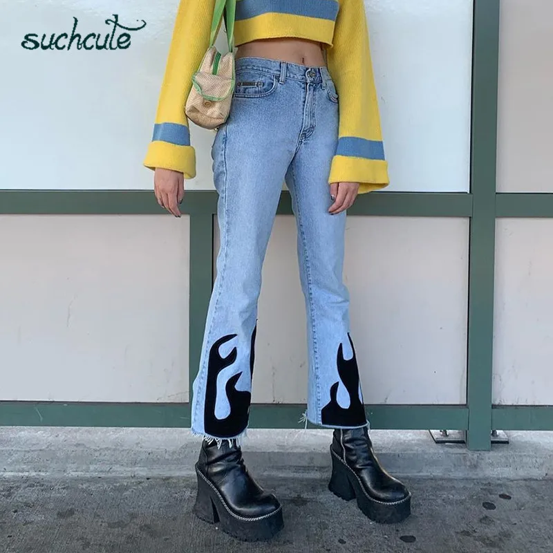 SUCHCUTE огненный принт джинсы для женщин Pantalon Готический Femme расклешенные брюки уличная Женская Брюки карго Harajuku Pantalon es Mujer