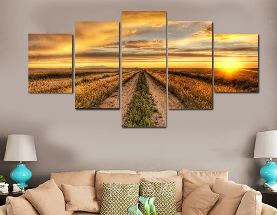 5 Panel Country Road At Sunset Farm Painting Canvas For Home Room Framework Decor Poster | Дом и сад