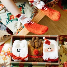 3 пары носков в подарочной упаковке на Рождество; сезон осень-зима; Новинка; хлопковые однотонные рождественские толстые теплые бархатные носки кораллового цвета с объемным рисунком