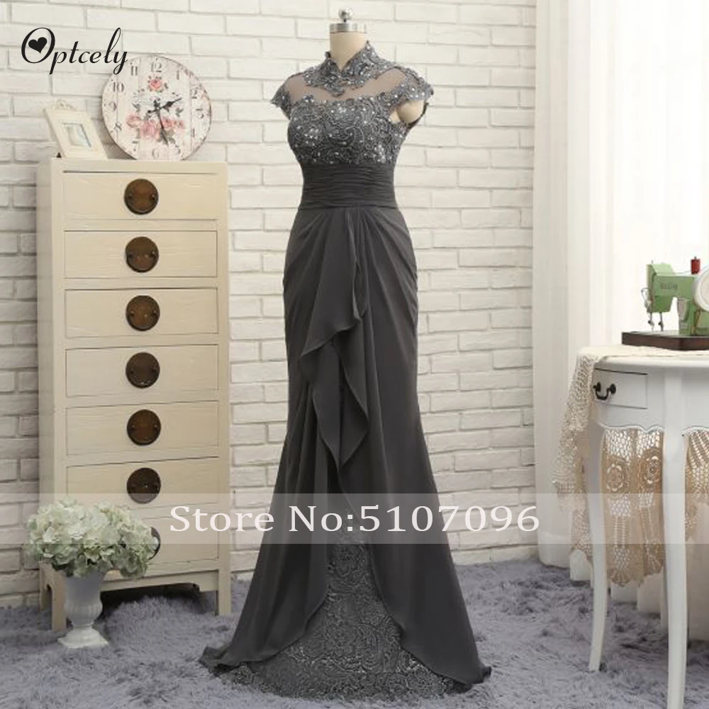 Optcely изысканный темно-Gery шифоновое Prom вечерние платья со шлейфом вечернее платье Элегантные аппликации платье с бисером, платье плюс Размеры