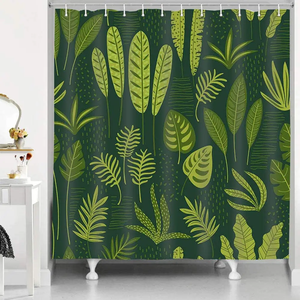 

Leaf Shower Curtain Watercolor Tropical Palm Leaf Green Plant Bath Curtains Waterproof Polyester with Hooks Bathroom Home Decor