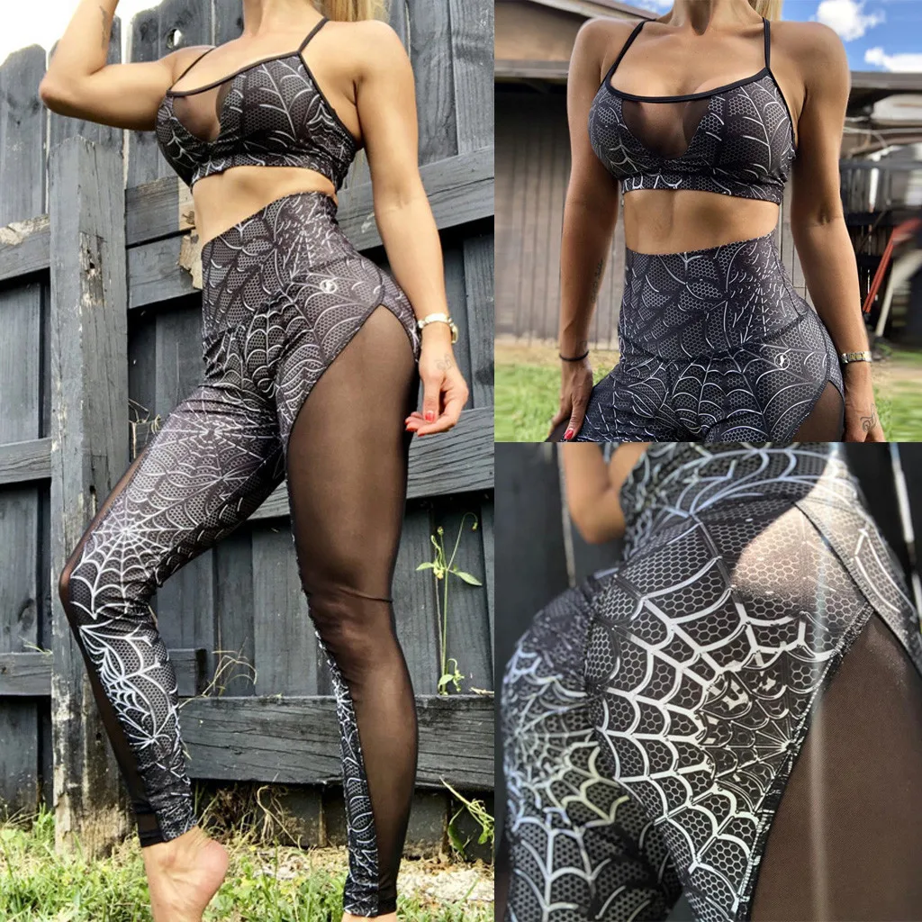 

High Waist Women Yoga Set Dark Web Leggings Spider Print One Strap Hollow Out Crop Top Elastic Skinny Mesh Patchwork GYm Outfit