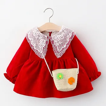 

Autumn Baby Girls Solid Long Sleeve Lace Lapel Collar Corduroy Pleated Dress + Bag Children Kids 2Pcs Clothes Dresses vestidos