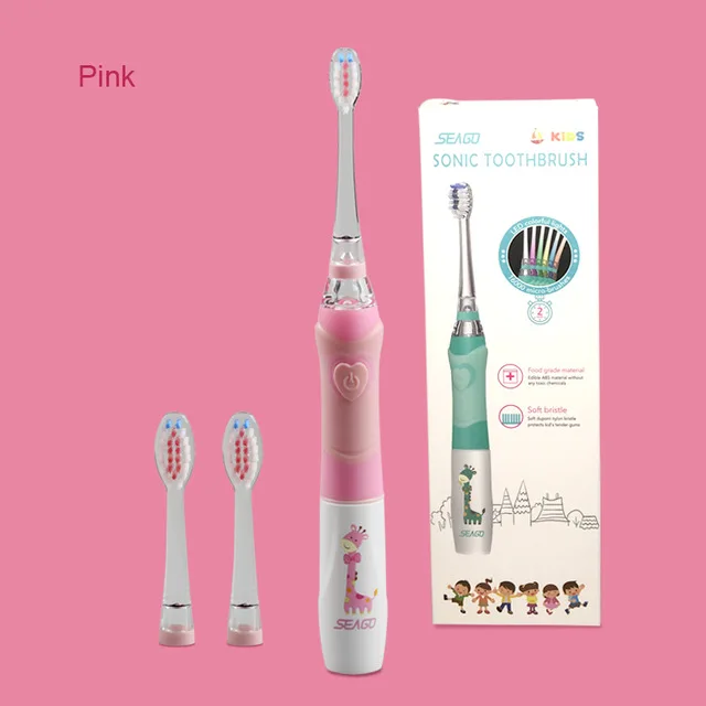 1 set pink Электрическая зубная щетка Seago для детей, яркий светодиодный фонарик с частотой 16000 ударов Dupont щетиной, 2 головки, звуковая вибрация - Цвет: 1 set pink