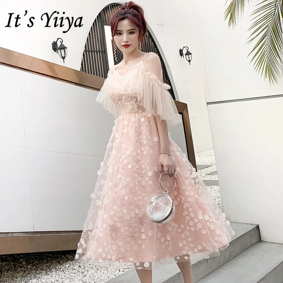 

It's Yiiya Prom Dresses 2020 Elegant Pink Sweetheart vestidos de gala Plus Size Sling Tea-length Women Formal Party Dress E1396