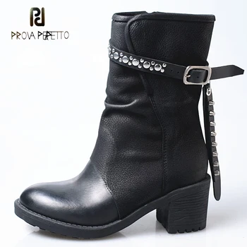 

Prova Perfetto New Genuine Leather Do Old Short Boots Women Rivet Stud Belt Buckle High Heel Motorcycle Boots Mujer Zapatos