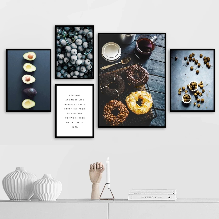 Donut Coffee Blueberry Canvas Painting Afternoon Tea Poster Blue Background Nordic Style Decor Kitchen Wallpaper Picture Print Painting Calligraphy Aliexpress