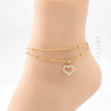 316L Stainless Steel New Fashion High-end Jewelry Embedded Zircon Love Heart Shape Charm 2 Layer Beaded Chain Anklet For Women