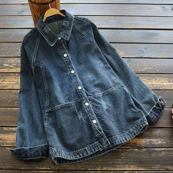 

Denim Jeans Jackets for Women 2020 Spring Japanese Long Sleeve Big Pockets Turn-down Collar Casual Loose Blue Frayed Jacket Coat