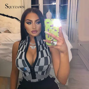 

Sexy Checkerboard Print Sleeveless Bodysuit Summer Women Zipper Front Skinny Body Rompers High Neck Slim Fit Sportswear Overalls