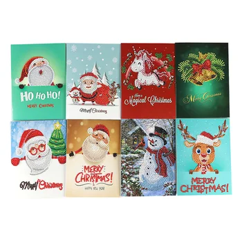 

Hot 8PCS 5D Diamond Painting Christmas Cards Diamond Embroidery Birthday Paper Cartoon DIY Greeting Postcards With Envelopes