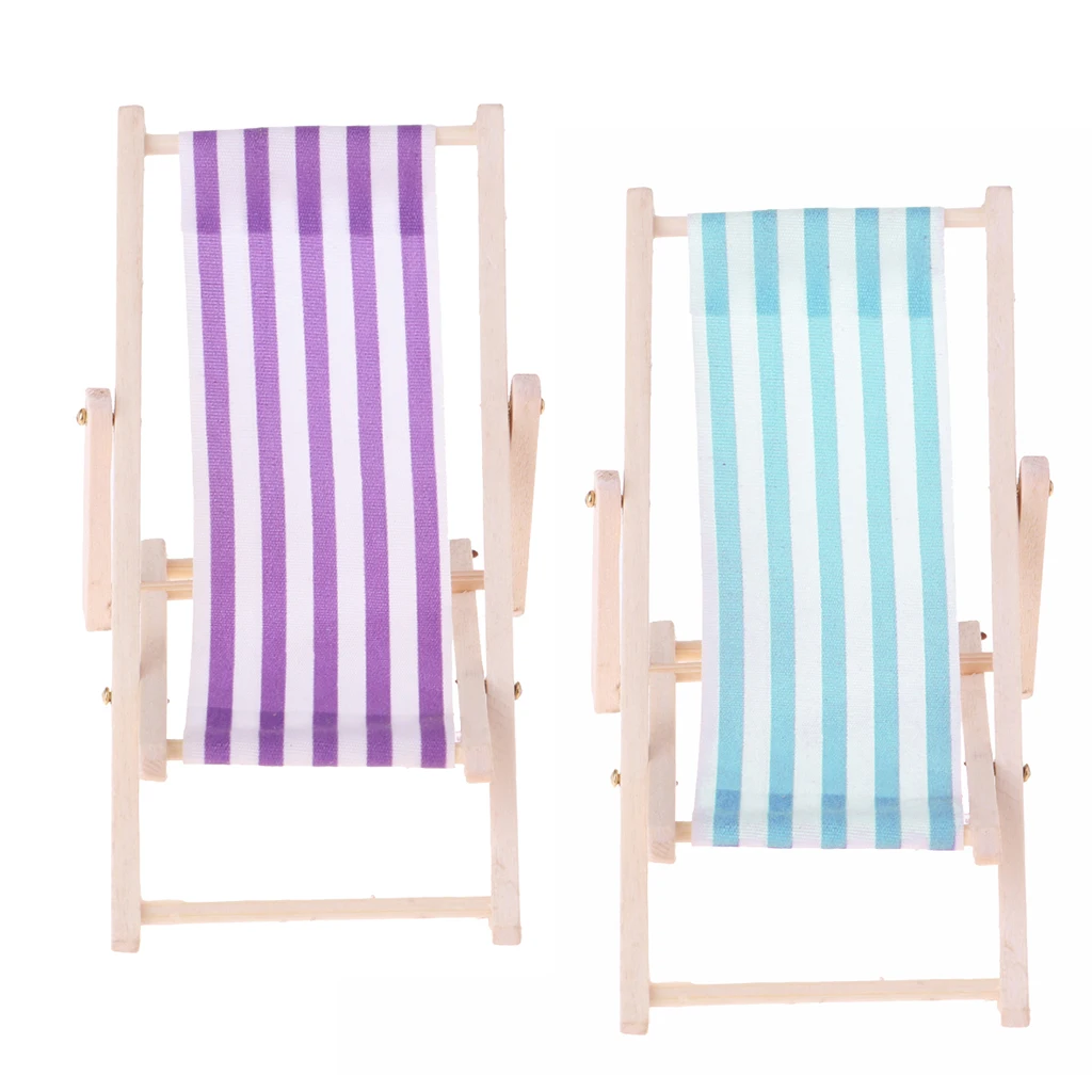 2 Pieces Striped Wooden Lounge Chair Deckchair for 1/12 Dollhouse Miniature Furniture Kids Toys