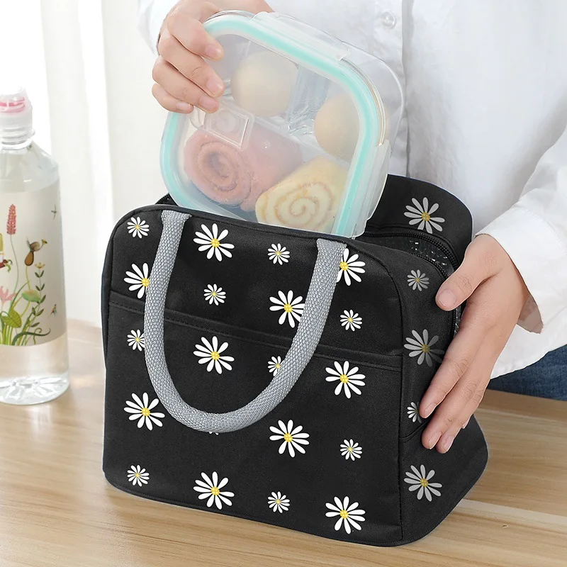 Women's Portable Daisy Printing Thermal Bag Lunch Large Capacity Work Food Container Fridge Picnic Insulated Cooler Pouch