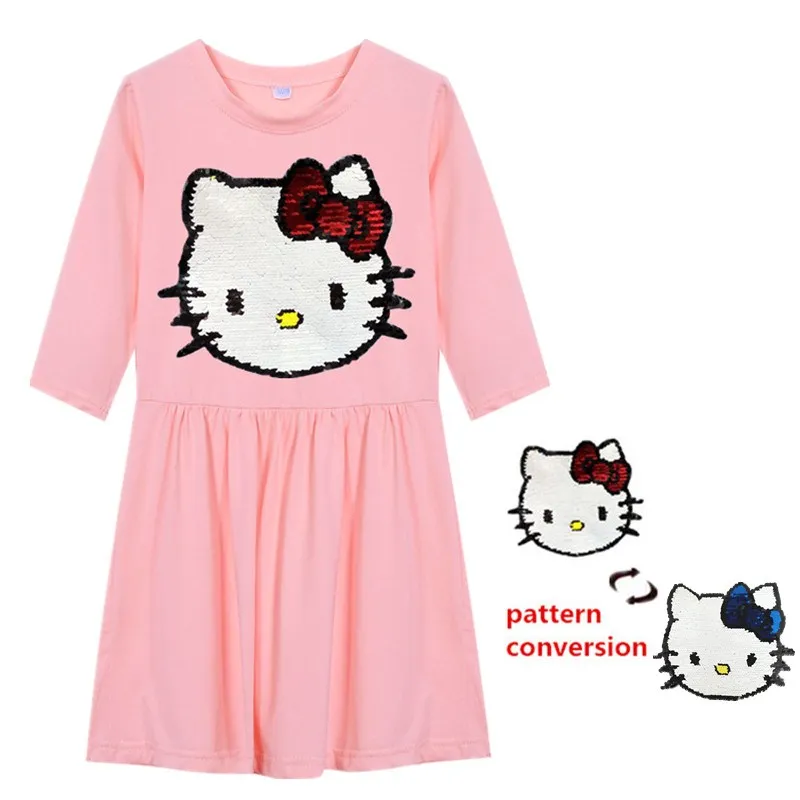 Платье принцессы для девочек с принтом «hello kitty»; Хлопковое платье с единорогом; одежда с блестками; Детские праздничные платья для девочек; одежда для детей