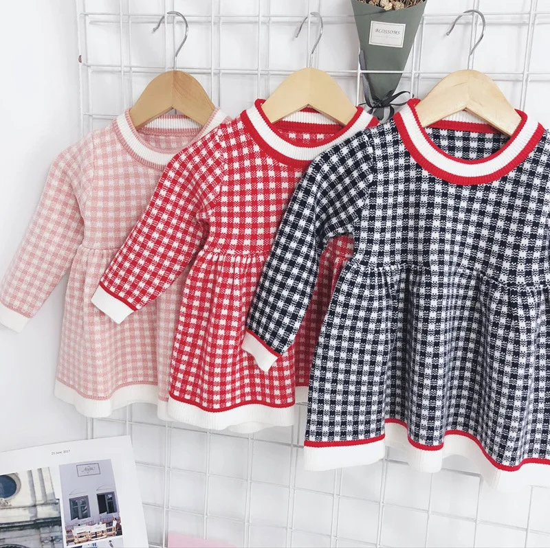 

2019 Autumn New Arrival Baby Girls Fashion Plaid Dress Kids Warm Knitted Dresses Girls Plaid Dress