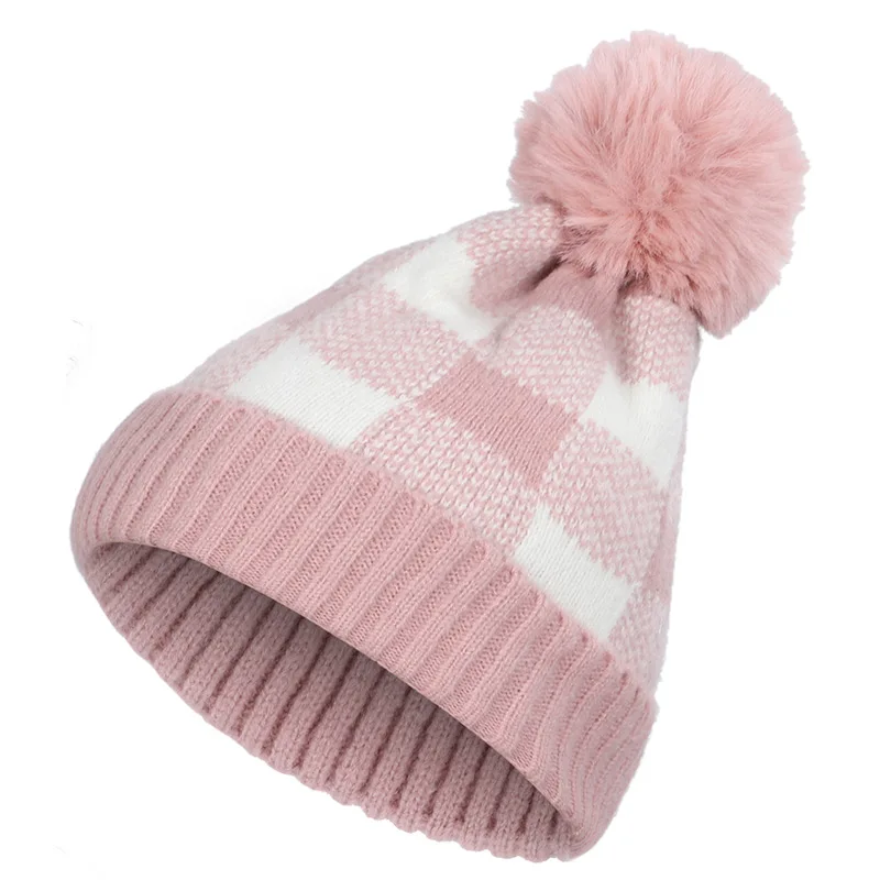 Pink and White Модная клетчатая Зимняя Вязаная Шапка-бини с помпоном, Женская шерстяная Повседневная Кепка, мягкая теплая Женская кепка skullies из хлопка - Цвет: Pink and White