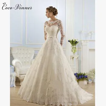 

O neck See-through Long Sleeves Pearls and Beading Sashes Embroidered Lace on Net A-line Wedding Dresses свадебное платье W0009