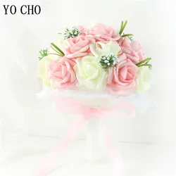 YO CHO Bride Holding Flowers Romantic Wedding Colorful Bride 's Bouquet White Red Pink Champange Bridal Bouquets Artificial Rose