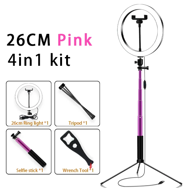 10inch pink 4in1 10 дюймов 26 см Диммируемый светодиодный студийный кольцевой светильник для камеры Фото телефон видео лампа с штативами селфи палка кольцо свет держатель телефона - Цвет: 10inch pink 4in1