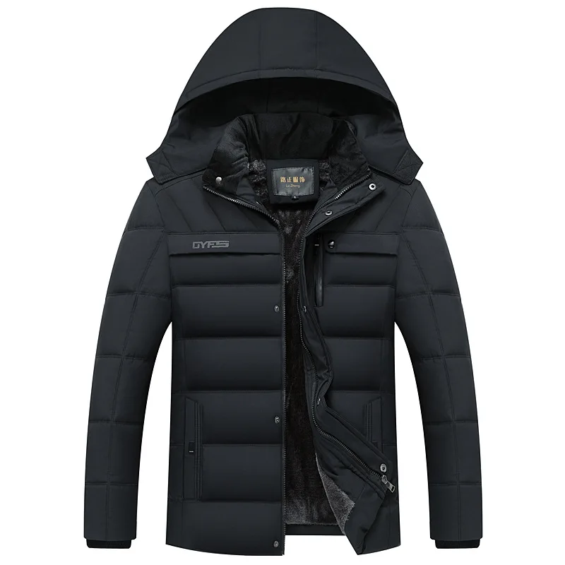 Новая зимняя куртка для мужчин высокого качества плюс бархат толстый ветрозащитный Теплый с капюшоном Съемная куртка для людей среднего возраста мужской - Color: black