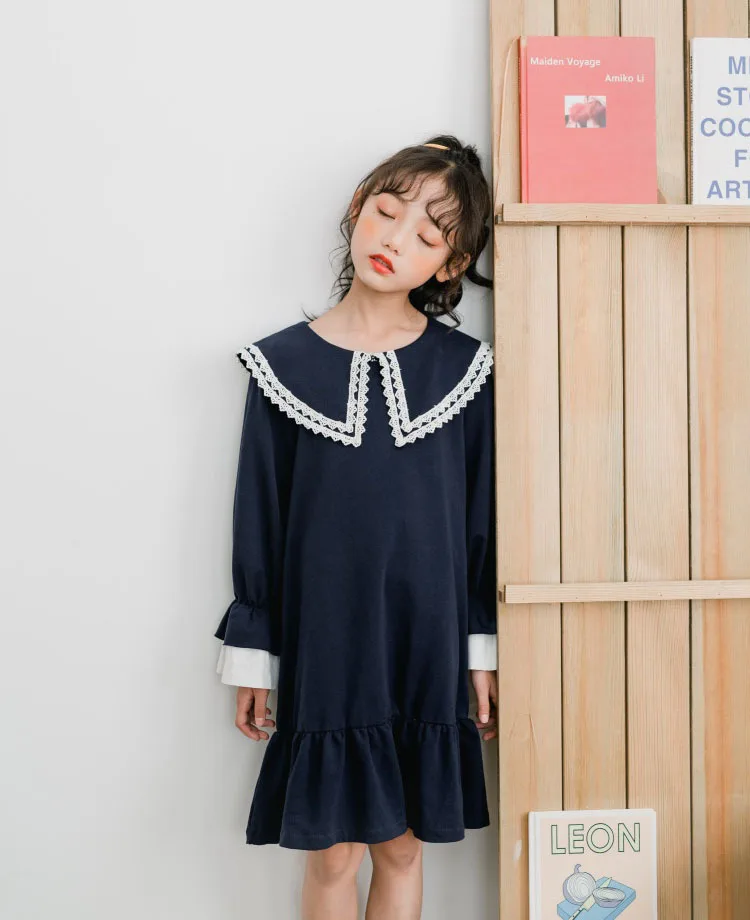 Back To School Clothing 100% Cotton Fall Dress For Girl Petal Sleeve Big Girl Kids Dresses Blue 2019 Autumn Child Dress Fashion (11)