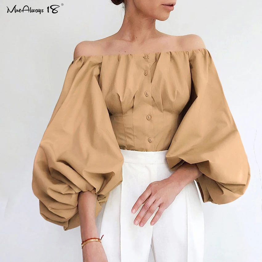 Bodycon Blouse Black Shirt Mnealways18-Lantern-Sleeve Off-Shoulder top White Elegant