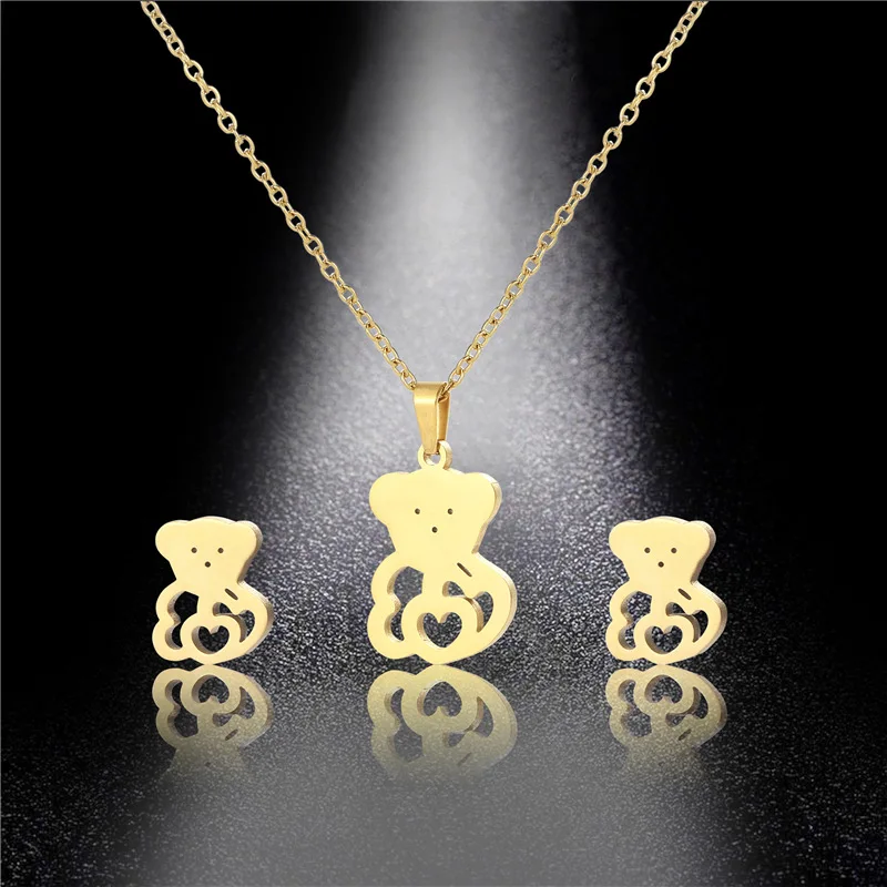 

Stainless Steel Bear Earrings Necklace Set For Women Simplicity Pendant Necklace Clavicle Chain Jewelery Fashion Party Gift