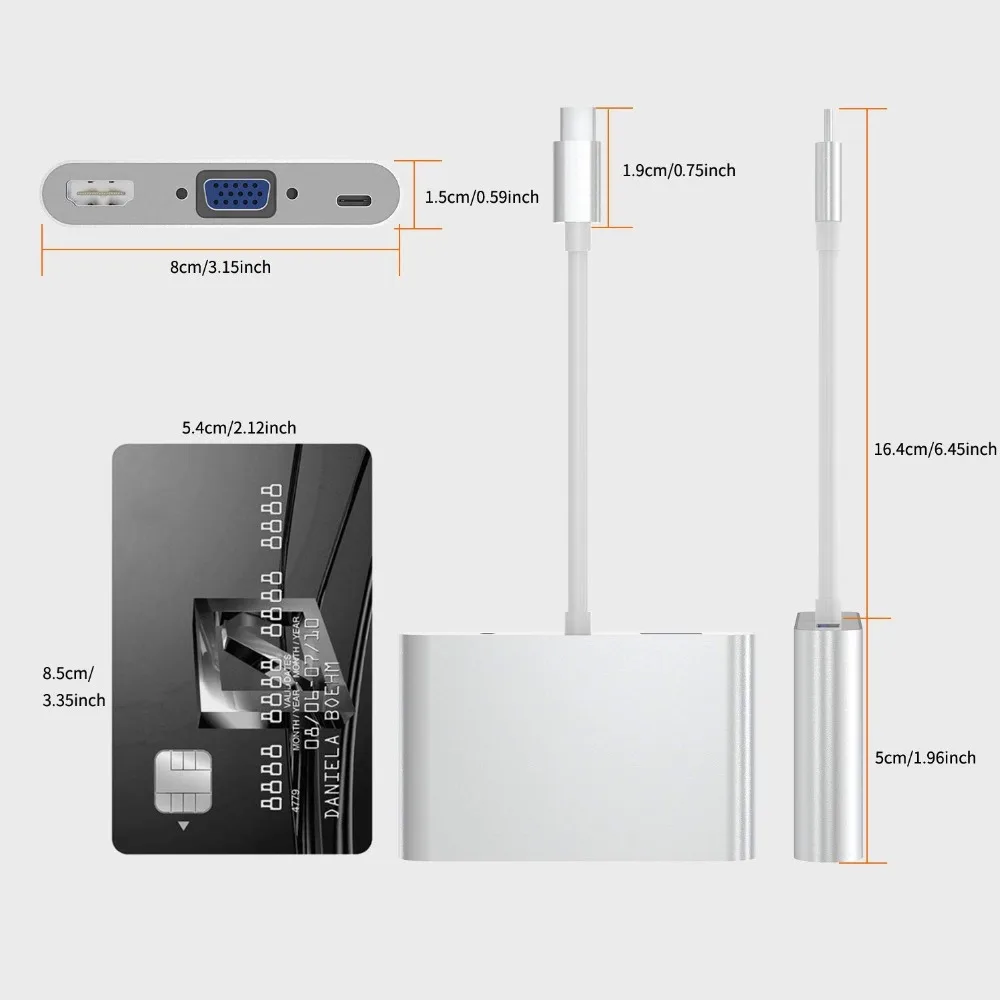 USB-C адаптер 5 в 1 Thunderbolt 3 концентратор USB type C к HDMI VGA 3,5 мм разъем USB адаптер с Тип-C Мощность доставки для MacBook Pro