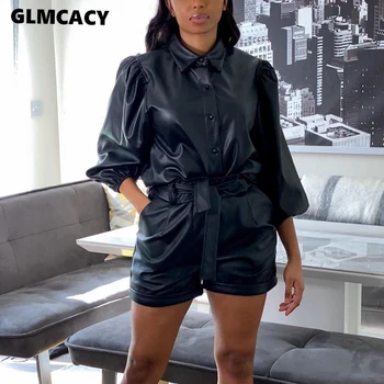 

Women Autumn Two Pieces PU Leather Outfits Long Sleeve Button Up Jackets and Short Chic Streetwear Office Ladies Workwear