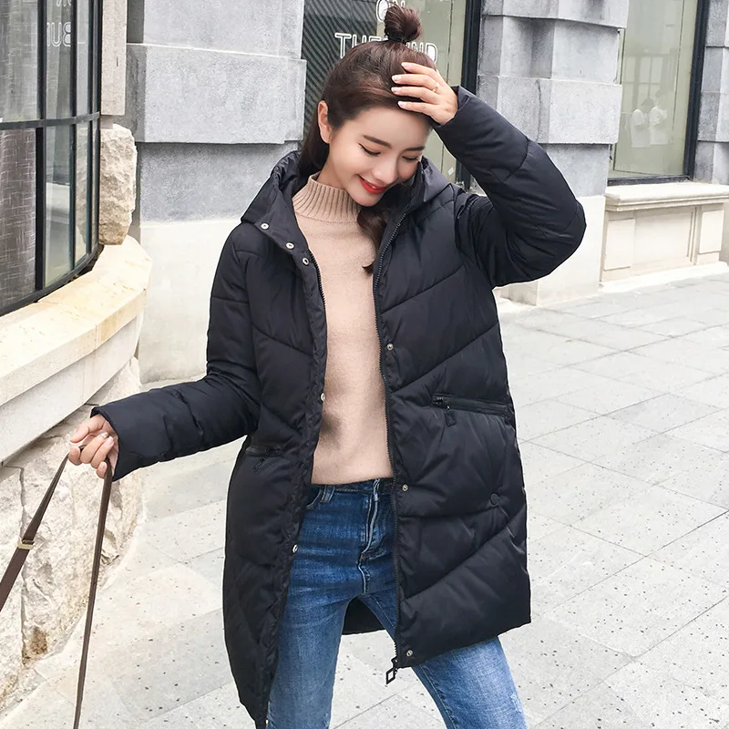 

Loose casual long style college style thick warm coat winter women hooded Parkes coat female zipper coat thick cotton long coat