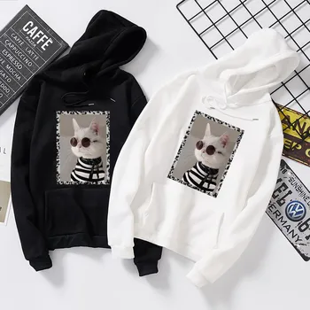 

Autumn Winter Women Hooded Simple Plus Velvet Long Sleeve Cute Cartoon Print Casual Loose Hooded Sweatshirts