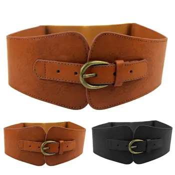 

New Fashion Elastic Wide Belt Strap Vintage Women Faux Leather Buckle Elastic Wide Belt Strap Solid Color Waistband