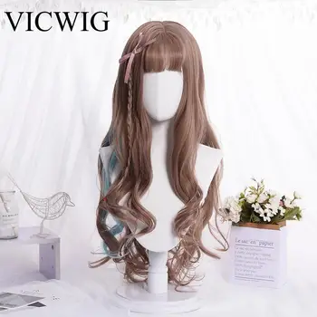 

VICWIG Long Lolita Curly Big Wavy Brown Blue Cosplay Wigs with Bangs Heat Resistant Synthetic Wig