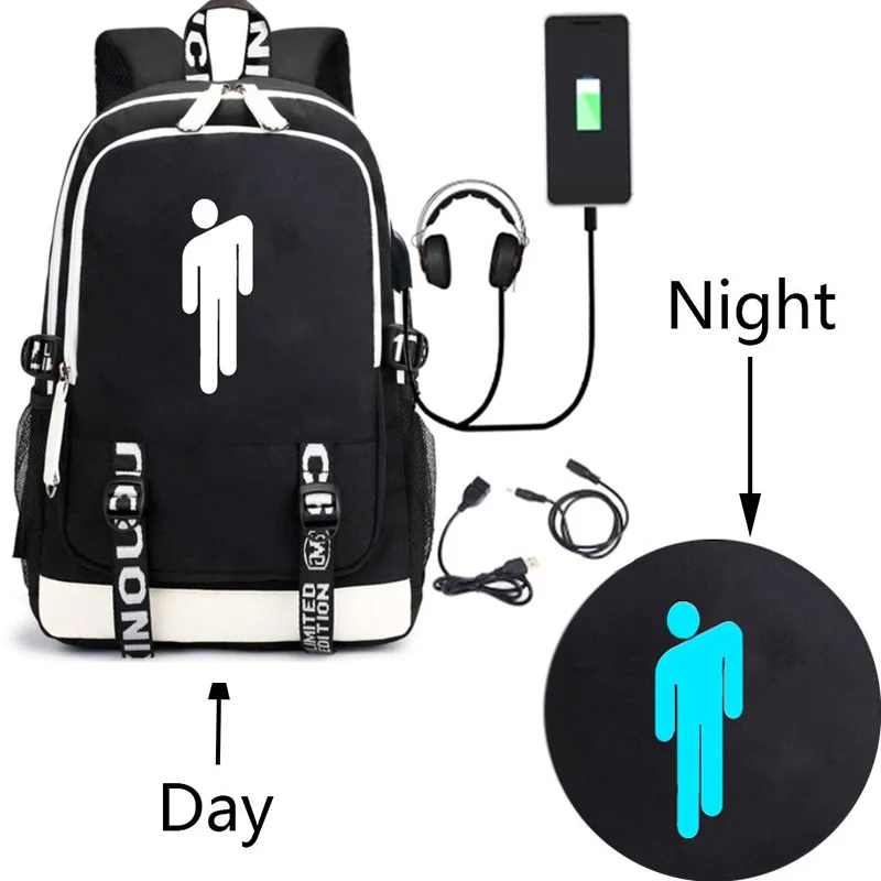 

New USB Charging Backpack Billie Eilish Pattern Student Bag Outdoor Backpack Password Lock Security Anti-theft Backpack Mochila