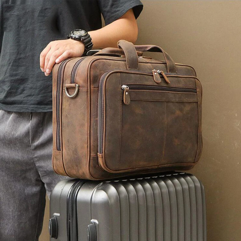Briefcase Bag For Men Male Business Bag Vintage Designer Handbag Laptop Briefcase Crazy Horse Leather leather briefcase canvas briefcase