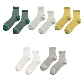 

Japanese Women Girls Plain Solid Color Ankle Socks Thin Sheer Glass Fiber Splicing Jacquard Vertical Striped Short Tube Hosiery
