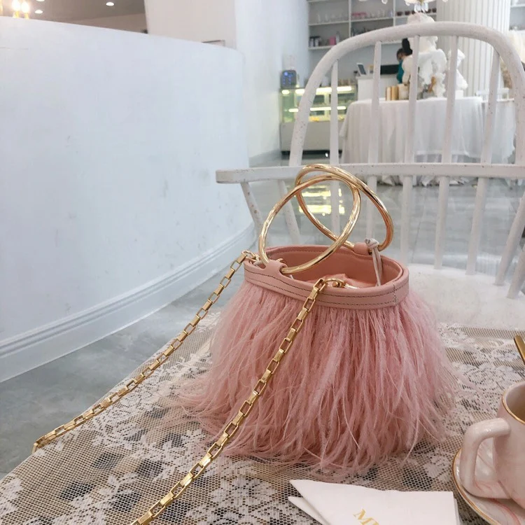 pink Роскошные сумки для женщин ведро сумки дизайнер страусиные перья сумки капюшон кольца ужин вечерний клатч сумка на цепочке кошелек - Цвет: pink