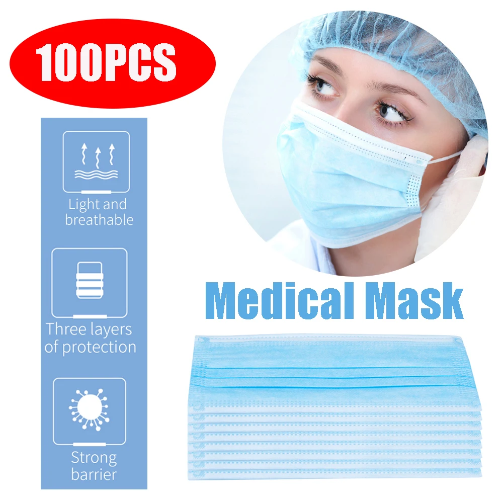

100Pcs 3 Layers Surgical Mask Disposable Medical Masks Face Mouth Masks Elastic Earloops Dust Filter Anti Fog & Haze Safety Mask