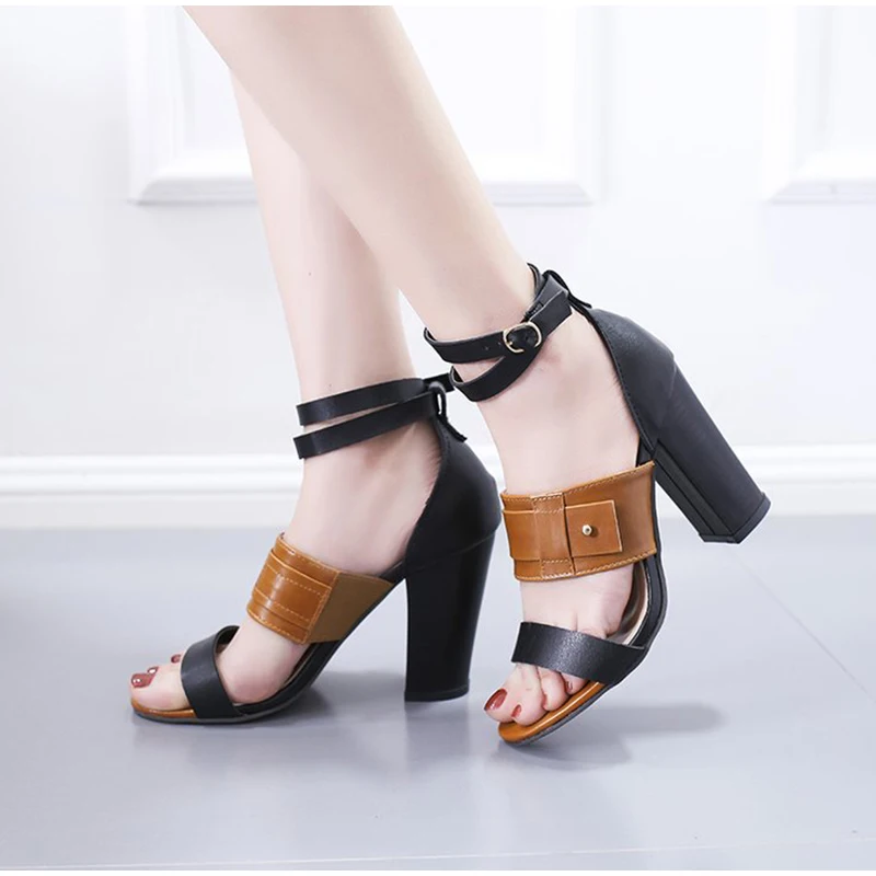 

Summer PU Women's Sandals Ankle Strap Mixed Color Woman High Heels Shoe Women Open Toe Fashion Ladies Cover Heels Sandals