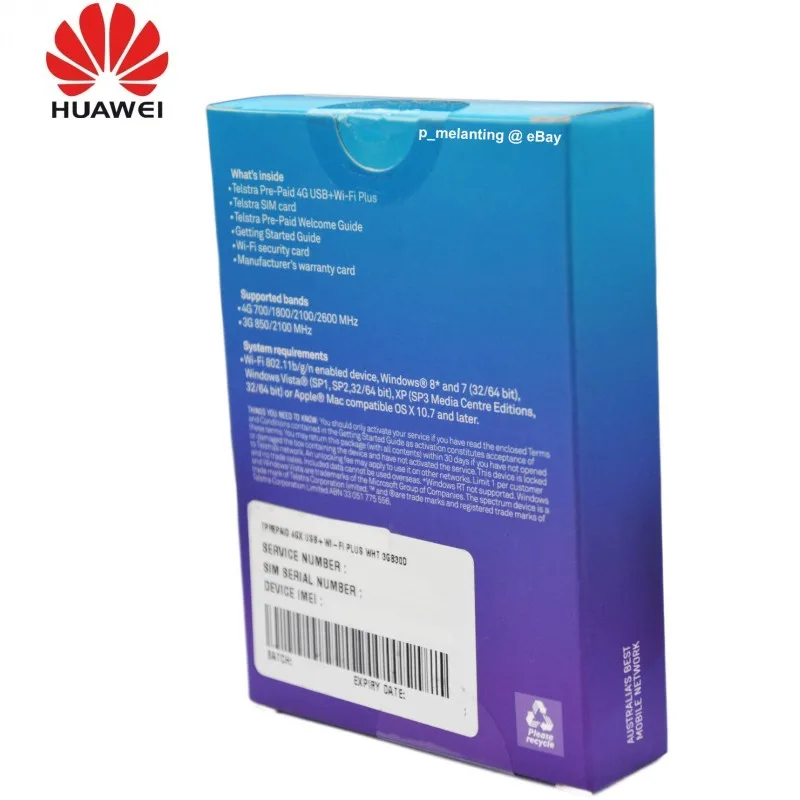 Buy 3 Get 3 Data Sim Telstra Huawei E8372 USB+Wifi 4GX Mobile Broadband Modem* * 