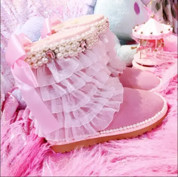 Handmade beaded bow lace flower leather warm in the tube flat female cotton shoes snow boots