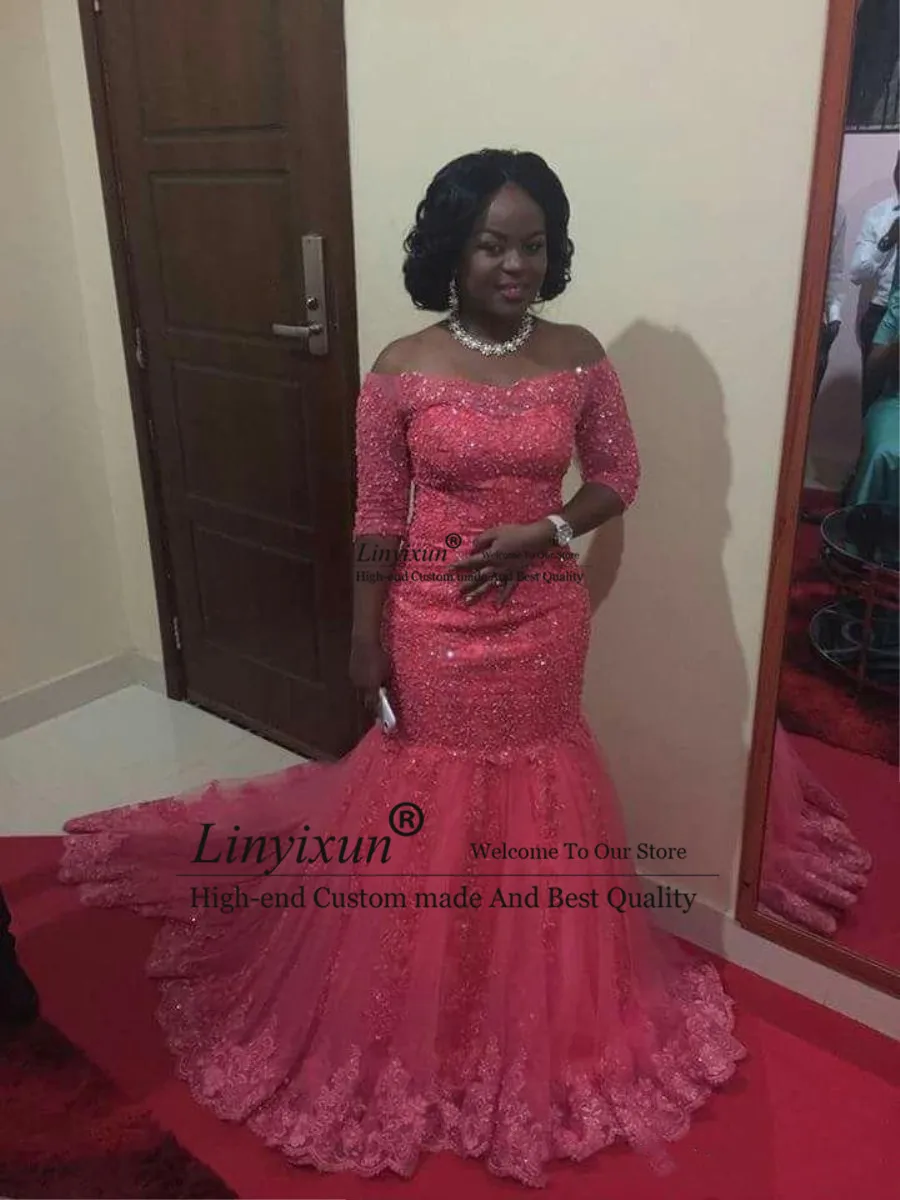 

New Arrival Mermaid Prom Dresses 2020 Lace Appliques Beads Off Shoulder Tulle Sexy Back Sweep Train Black Girl Evening Gowns