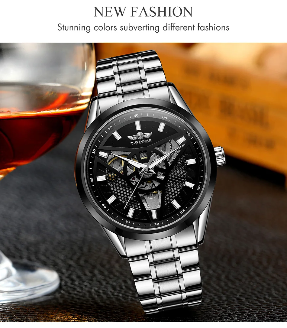 T-WINNER Men Watch Top Brand Mens Luxury Automatic Mechanical Watches Fashion Stainless Steel Skeleton Self Winding Wrist Watch