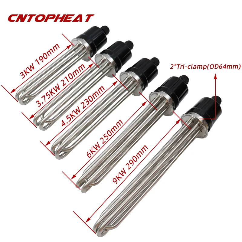 Tri-abrazadera (OD64) de 2 pulgadas, 220V/380V, todos los SUS304, calentador de tubo de Elemento calentador de agua de inmersión eléctrico, 3/3, 75/4, 5/6/9KW